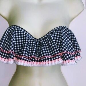 ARIZONA Black White Pink Check Gingham Fringe Bikini Top Large